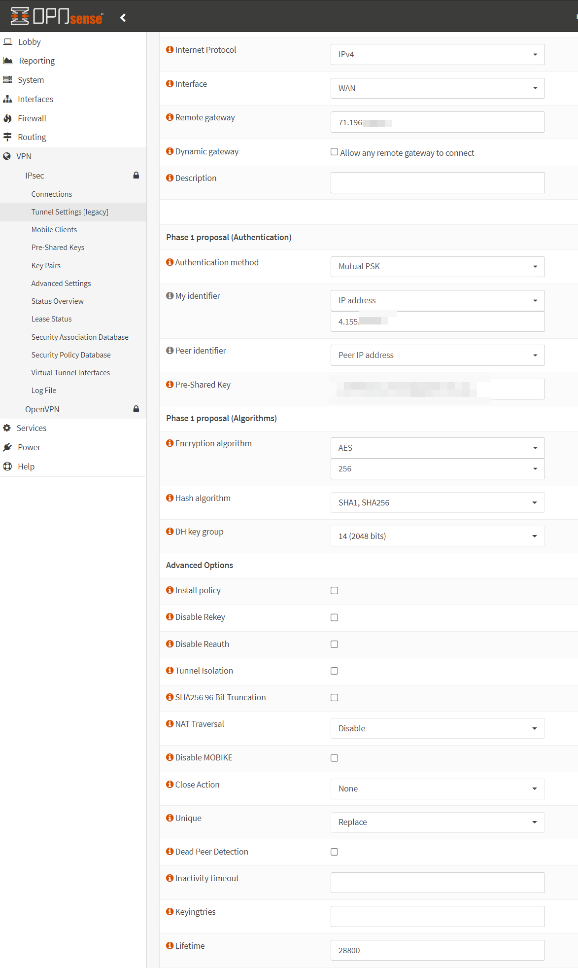 OPNsense Phase 1 Settings